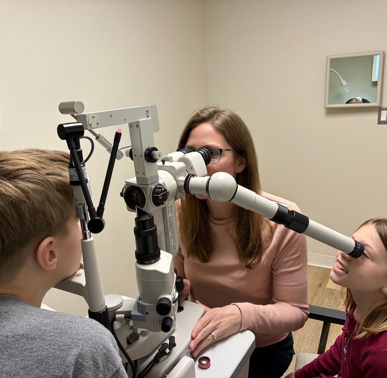 Doctor performing an eye exam on a patient for preventative and medical eye care in Southborough