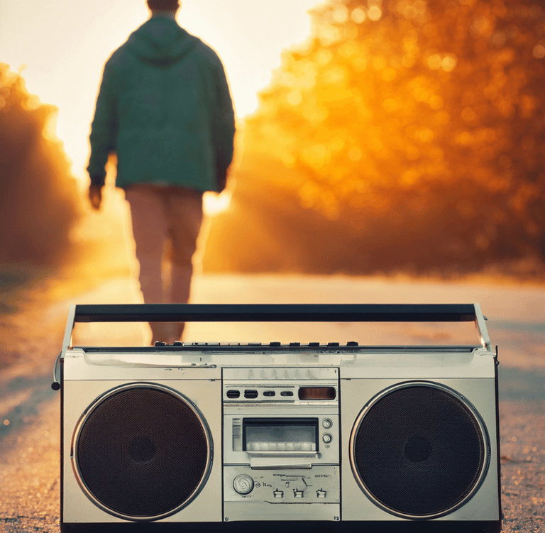 an old fashion boom box and a man walking away towards a sunset