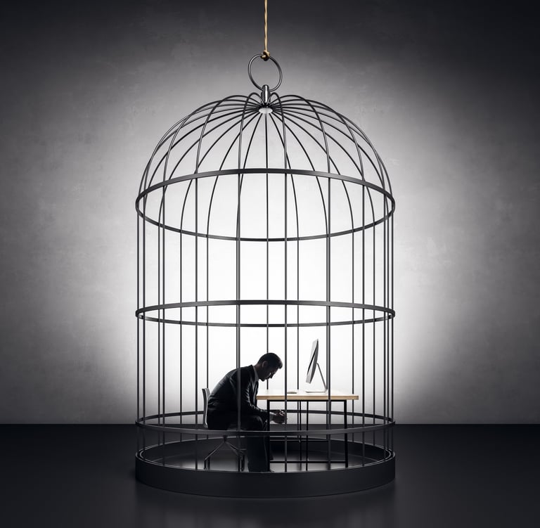 a man hunched over at a desk that is inside a large birdcage it is in grayscale 