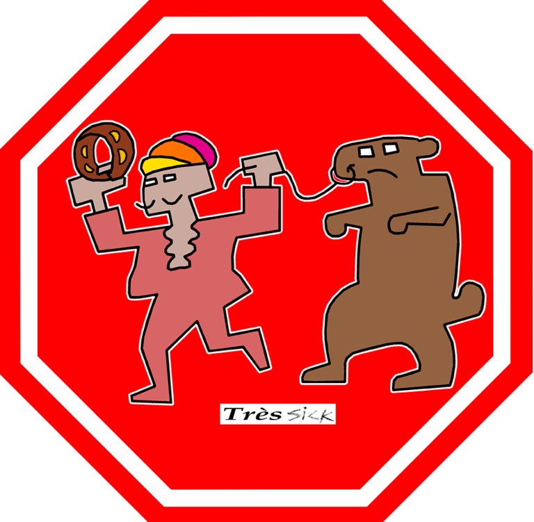a stop sign with a cartoon bear and a bear