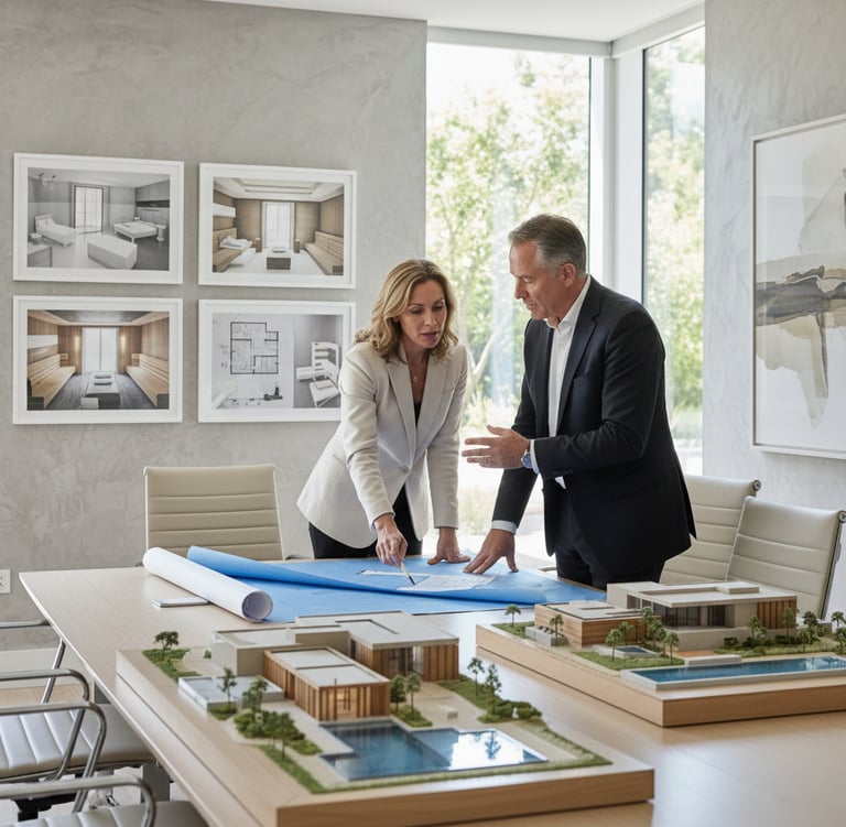 Spa consultant reviewing hotel wellness facility plans during pre-development strategy session — lux