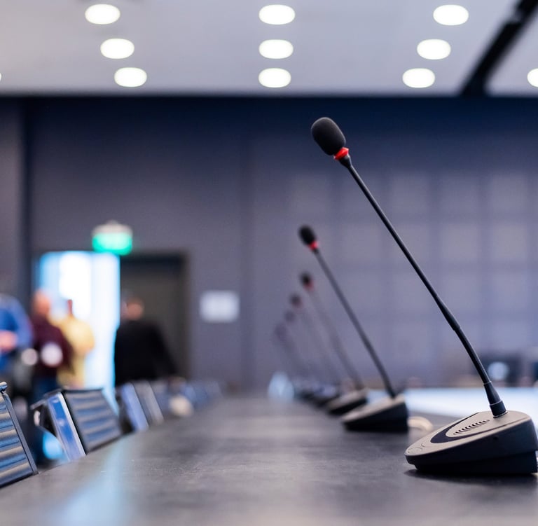 Conference room setup with gooseneck microphones on boardroom table – discussion system rental in Dubai by Sonus