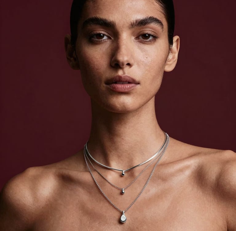 mujer con gargantilla de plata en layering con dijes elegantes, minimalistas y que combinan con todo