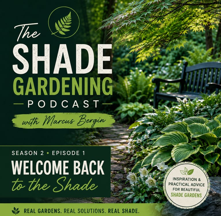 The Shade Gardening Podcast season 2 cover art featuring host Marcus Bergin and a lush hosta garden.