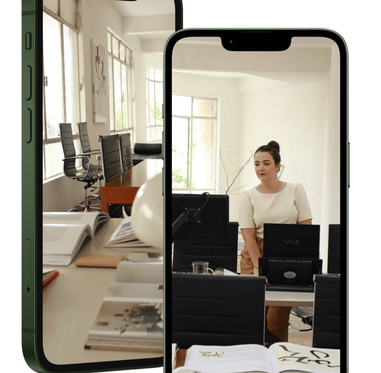 Professional woman working in a modern office, displayed on mobile phone screens.