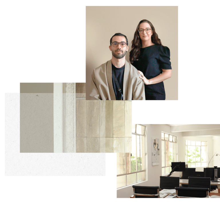 Professional creative team portrait alongside a minimalist office workspace with computer monitors.