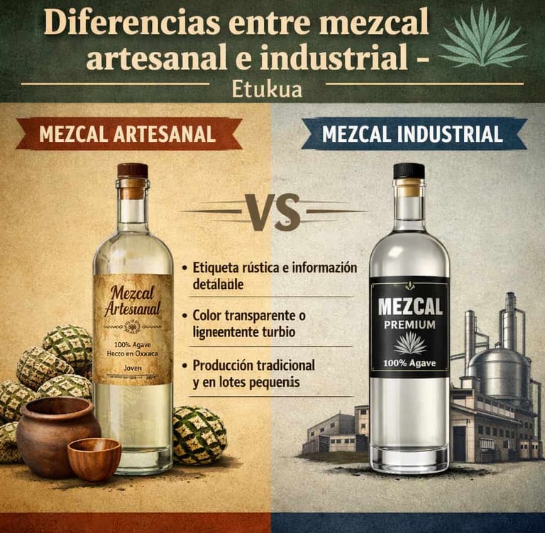Comparación visual entre botellas de mezcal artesanal e industrial, resaltando diferencias en color 