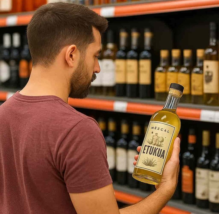 Persona revisando etiqueta de mezcal antes de comprar con atención