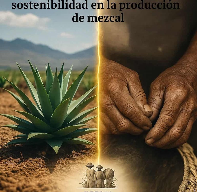 Imagen que contrasta una planta de maguey saludable en un campo con las manos de un maestro mezcaler