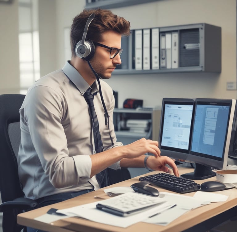 A close-up of hands typing on a laptop keyboard with a blue and orange color theme.