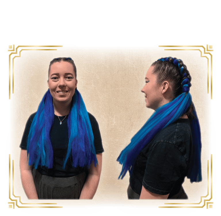 a woman with blue hair and blue braids