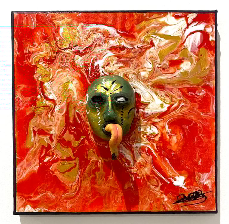 une sculpture avec une longue langue qui émerge d'un tableau rouge