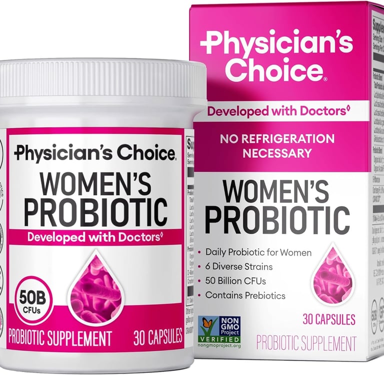 Physician's Choice Women's Probiotic 50 Billion CFU supplement bottle and box with 30 capsules.