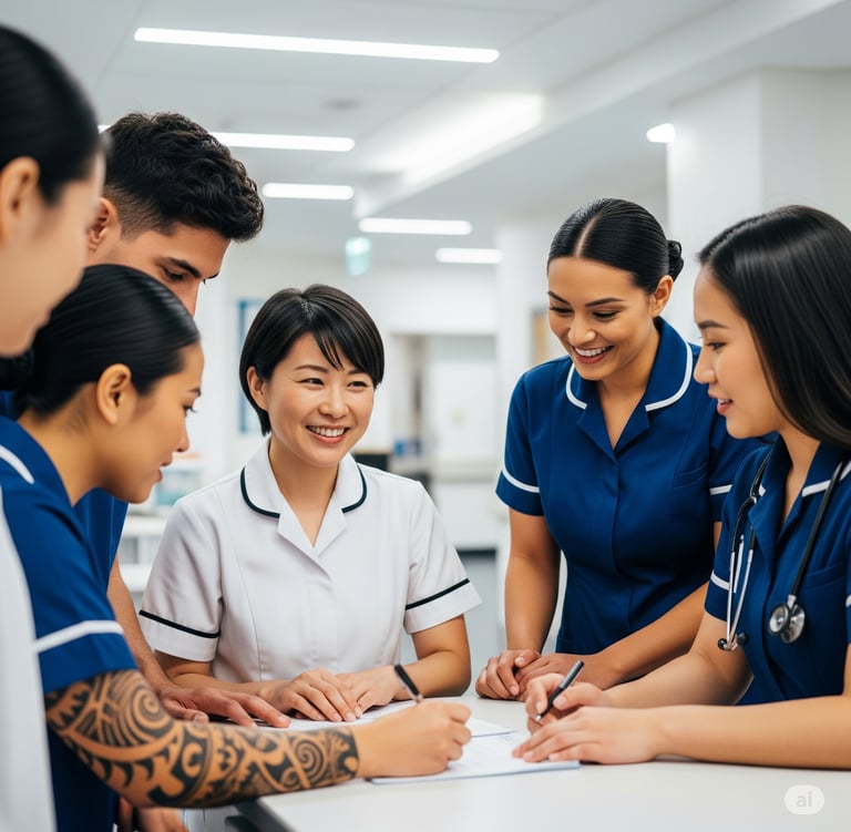 ニュージーランドの医療現場で、海外看護師の同僚に囲まれて、日本人看護師が活躍する様子