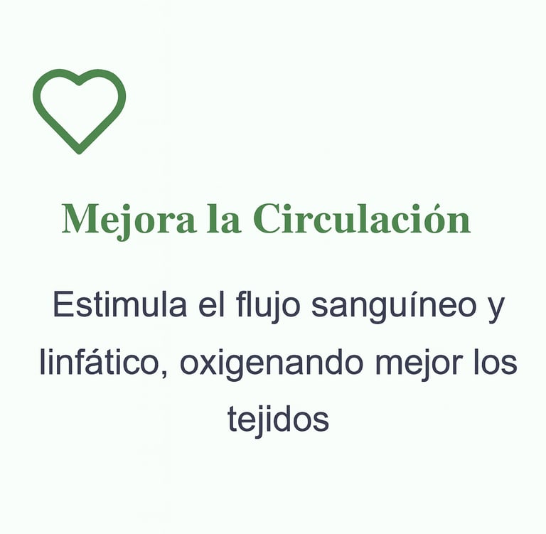 Mejora la circulación estimulando el flujo sanguineo y linfatico, oxigenando mejor los tejidos