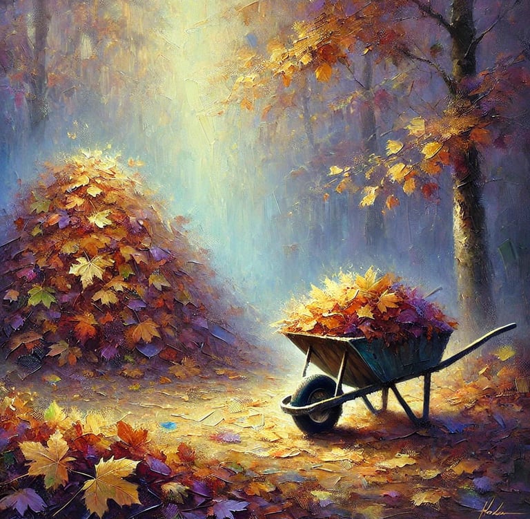 Schubkarre, die das Laub vom Laubhaufen entfernt