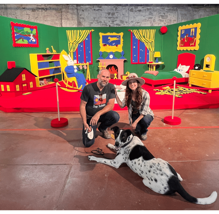 Goodnight Moon artists Emilie Odeile and Ken Chapin from Dundee & Lee with their dog Henry