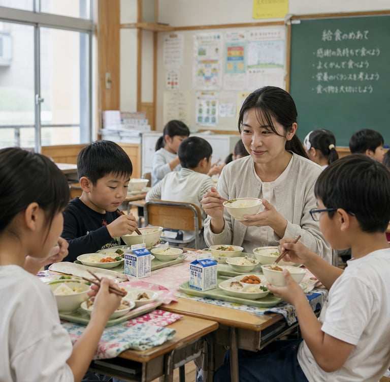 Japanese elementary students and teacher eating a healthy school lunch in a classroom.