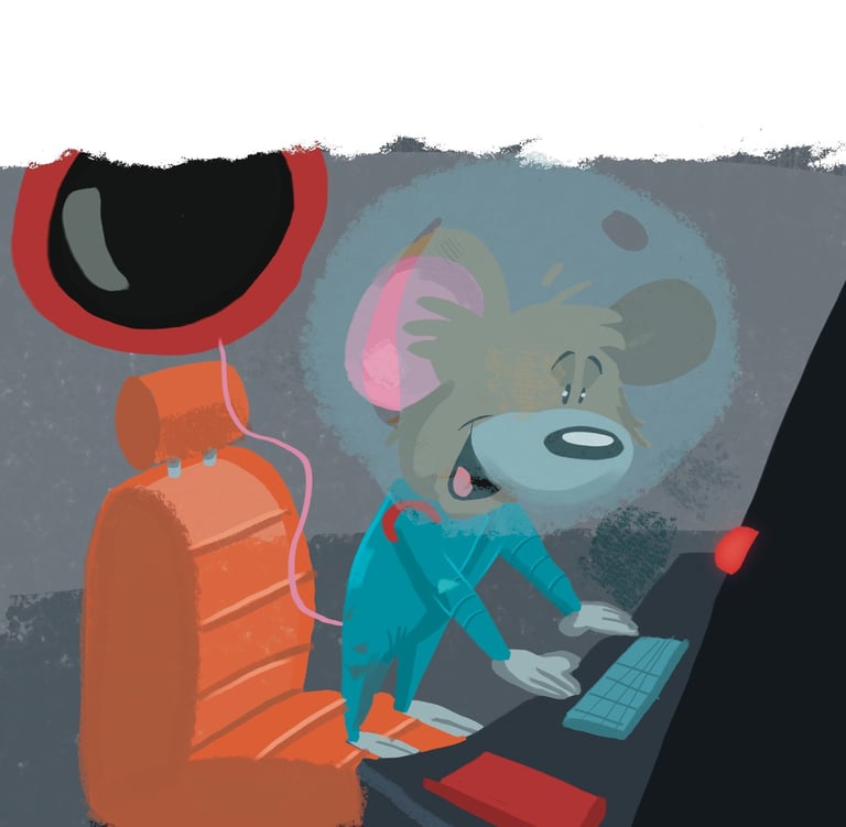 A mouse excitedly exploring a space shuttle right before launch in a children’s book story.