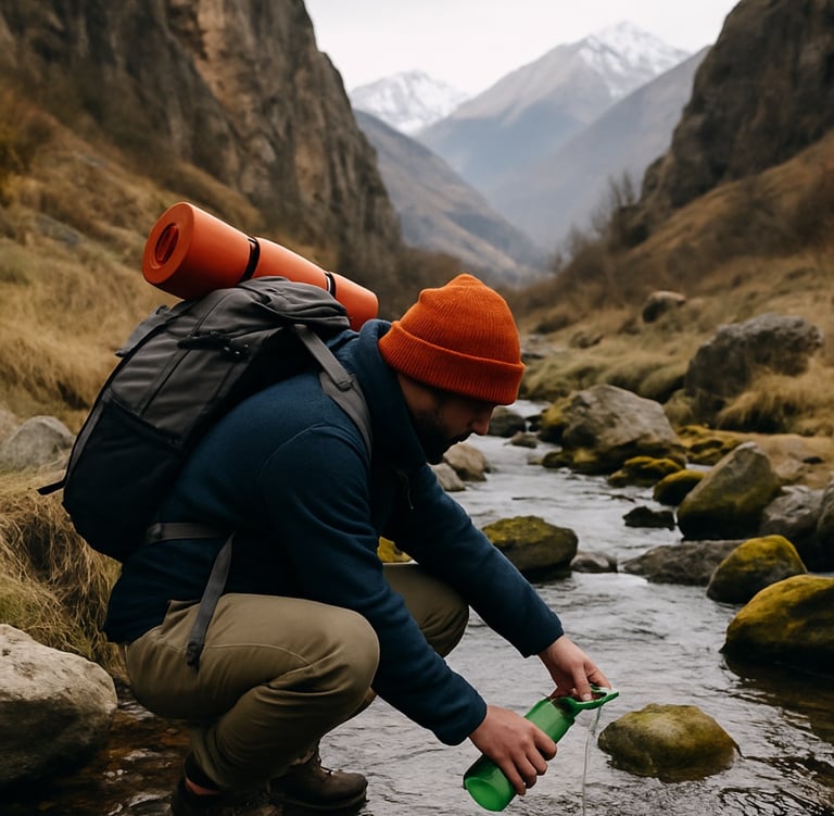 Backpacker filtering water from river in remote mountain wilderness