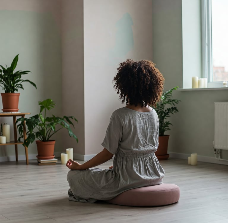 Mujer meditando sentada en un cojin 