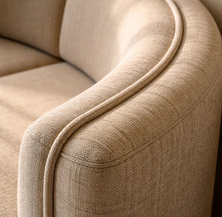 Close-up detail of a custom made banquette showing curved radius, stitching, and upholstery texture