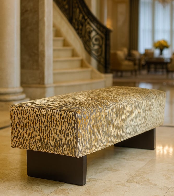 Elegant upholstered entry bench with gold textured fabric and dark wood legs, handcrafted by Solo Home Decor