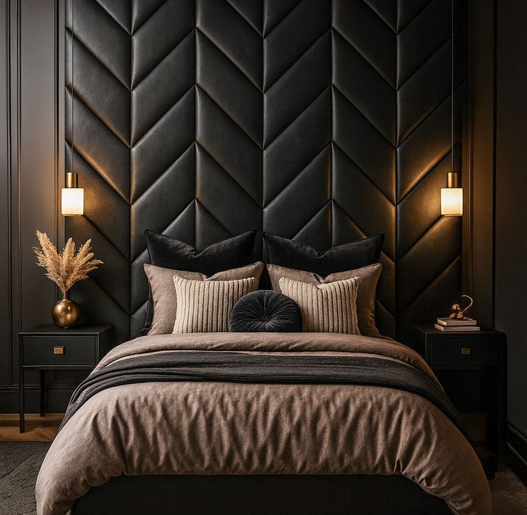 Moody modern bedroom with a black textured chevron accent wall, upholstered bed, and layered neutral bedding.