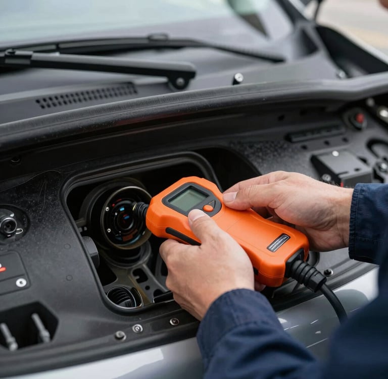 Close-up of a professional mechanic's hands plugging a high-end diagnostic scanner into an OBD-II port under a car dashboard, sharp focus, 35mm