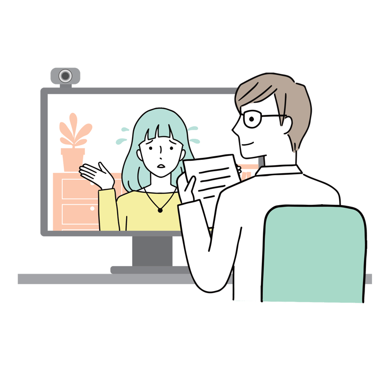 A male doctor holding notes while conducting a telehealth video consultation with a worried female patient.