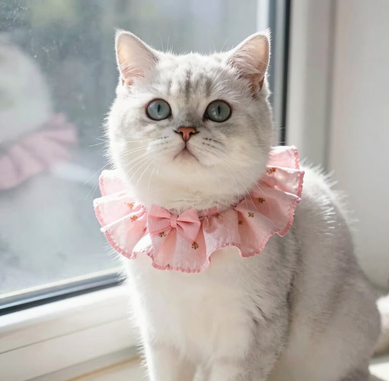 Gata blanca al lado de una ventana con su moño rosa hecho a mano 