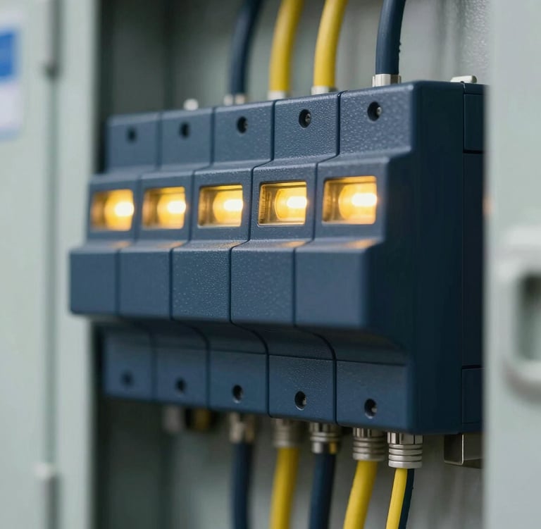 A close-up, high-end photograph of a modern commercial electrical panel with tidy wiring, featuring deep navy shadows and warm yellow accent lighting from indicator lights, reflecting a professional #0D1C2B and #EBC86F palette.