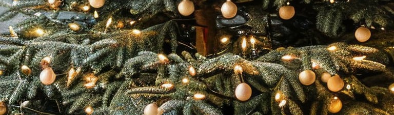 a christmas tree with gold ornaments and a christmas tree