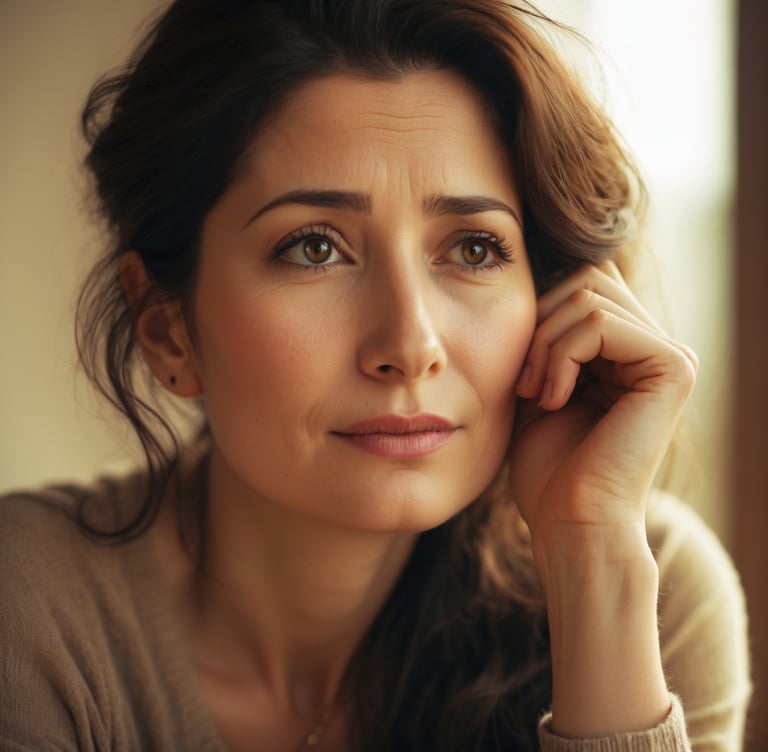 Portrait of a woman in her 40s–50s with a soft, introspective expression, resting her chin on her ha