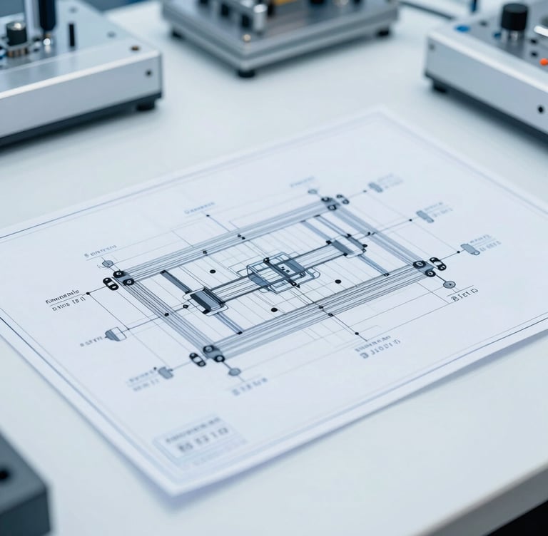 Crisp industrial photography of a technical blueprint layout of an automated workshop on a bright clinical white desk, subtle cool blue overlays, sharp focus, 35mm lens
