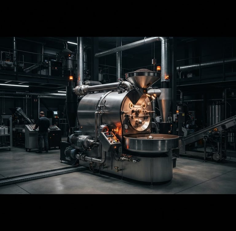 Wide panoramic of a pristine, high-tech factory floor, focus on a large stainless steel electric roaster with sharp rim lighting, dark moody background, orange indicator lights, 50mm lens.