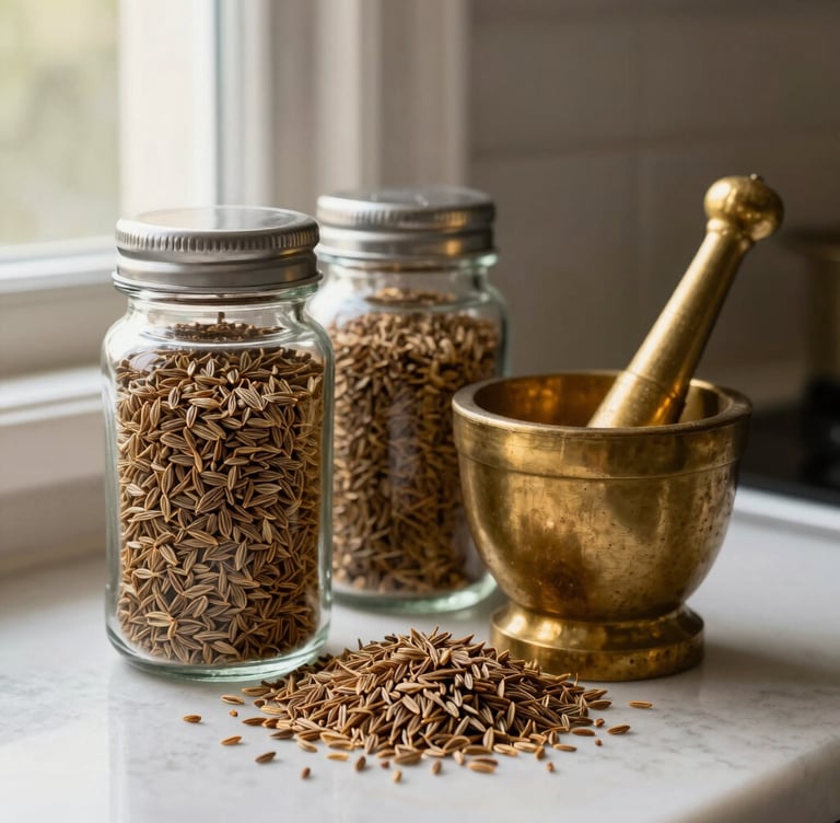 A warm, cozy kitchen setting with light from a nearby window illuminating glass spice jars filled with rich golden-brown whole cumin seeds, a small brass mortar and pestle resting next to them.