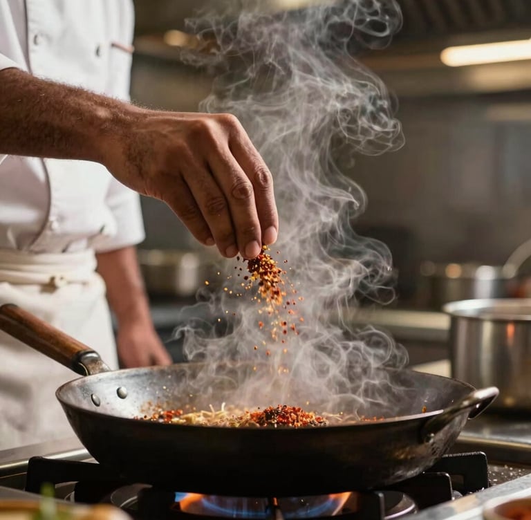 A close-up photograph of a professional South Asian / Indian chef in a modern restaurant kitchen gently tossing aromatic spices on a hot, dark iron pan, warm rising steam, glowing backlight.