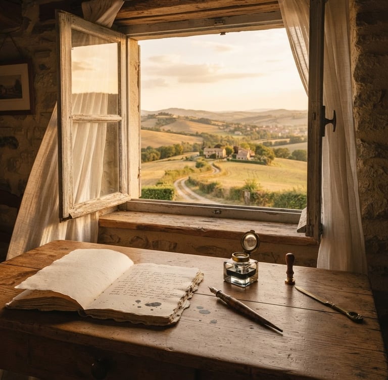 Nostalgic golden-hour countryside, a rustic wooden table with an antique inkwell, fountain pen, and textured paper near an open window overlooking sun-drenched rolling hills, 35mm film aesthetic, warm tones