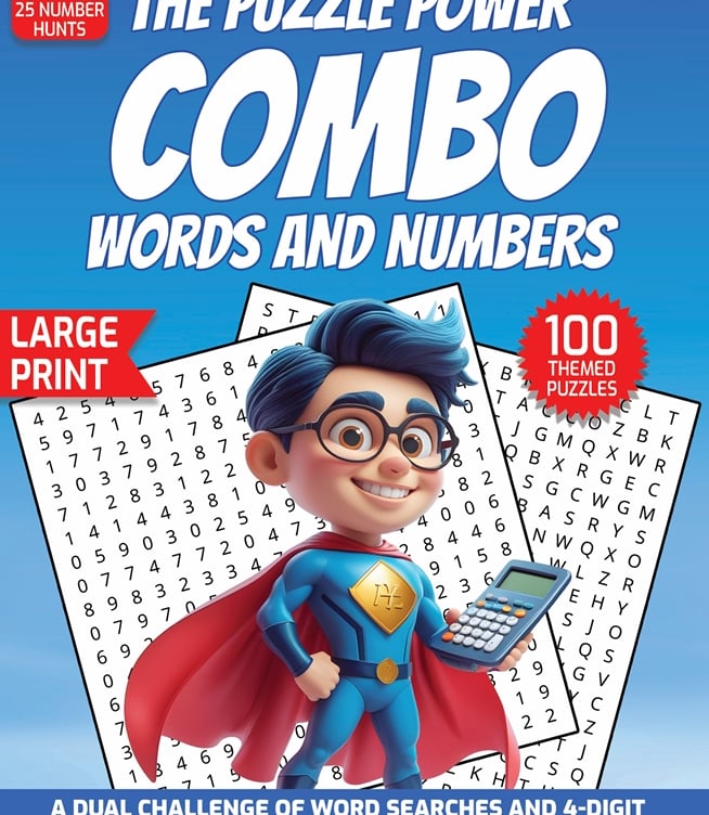 puzzle power combo word number searches large print educational math themed puzzle book liora onyx cover