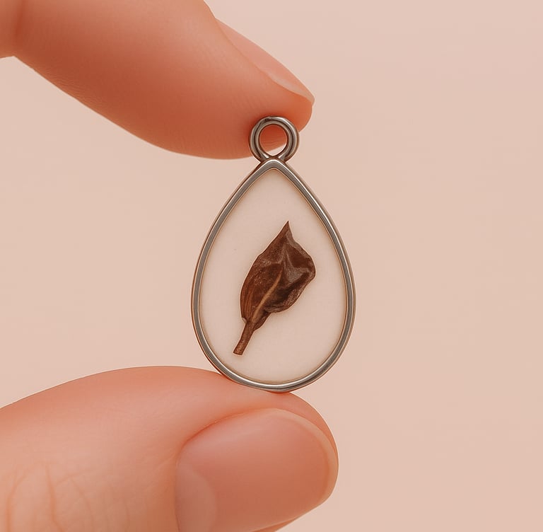 a person holding a small tear shaped pendant with a leaf
