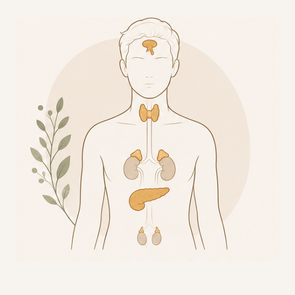 Anatomical diagram of the human endocrine system showing glands like the thyroid, pancreas, and adrenal glands.