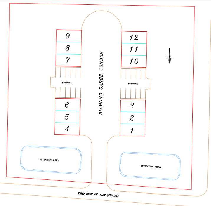 site plan layout for the 4 garage condos and 12 separate condo sites