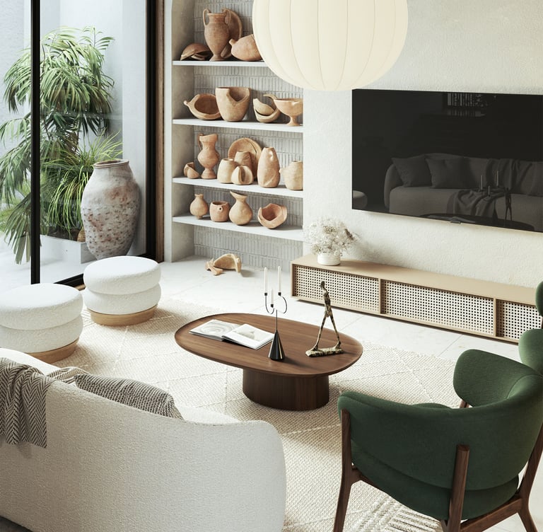 3D rendering of modern living room with neutral and green tones, pendant light, built-in shelves with pottery, and cozy sofa.