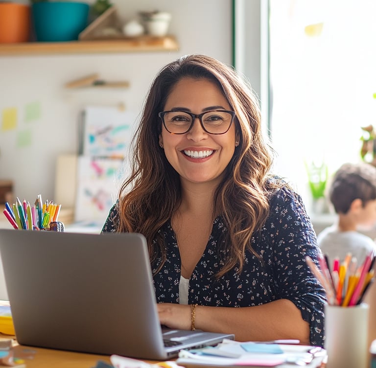 Mamá emprendedora sonríe frente a su laptop, representa creatividad, organización y trabajo desde casa con hijos.