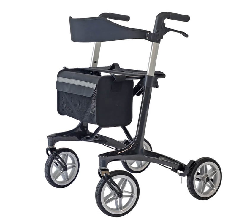 Lightweight carbon fiber rollator with large wheels and seat