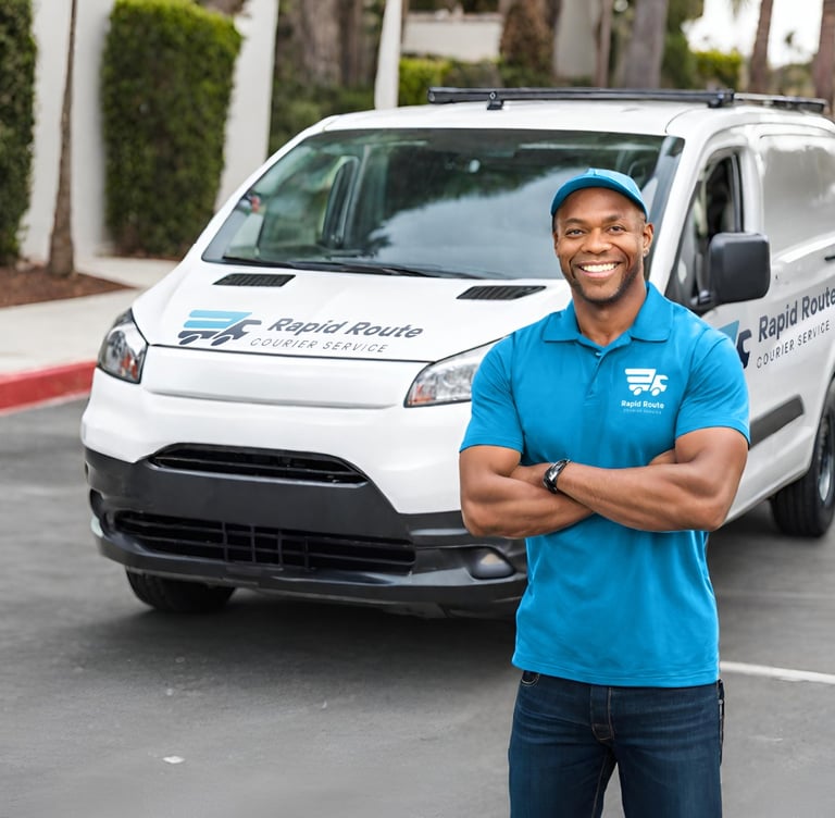 a man in a blue shirt and jeans standing in front of a van