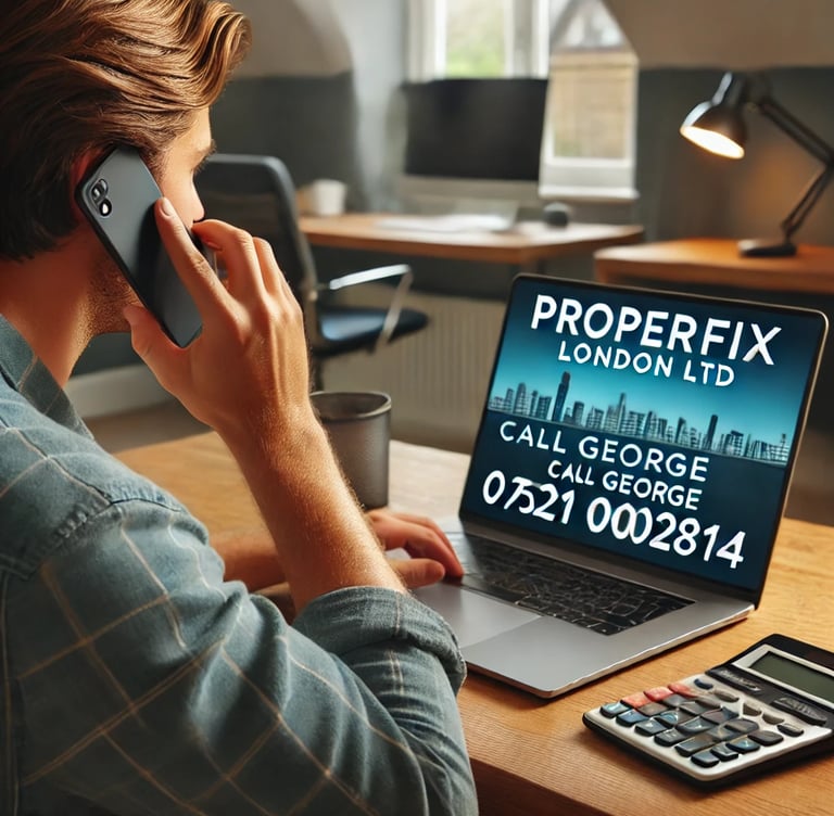 A London homeowner calling a property maintenance service to schedule a repair, looking at a laptop 