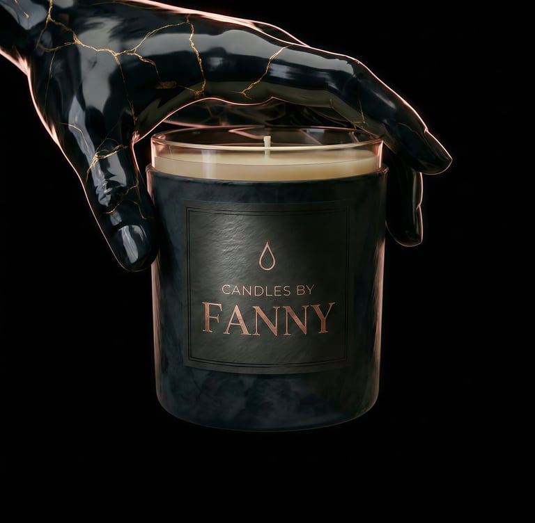 Luxury black marble candle jar held by a gold-veined kintsugi hand against a dark background.