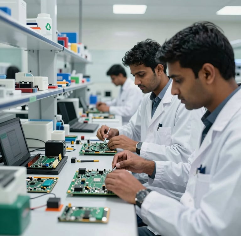 An eco-friendly waste management laboratory where tech-savvy South Asian / Indian specialists disassemble motherboards and computer parts for green recycling. Clean modern laboratory lighting.